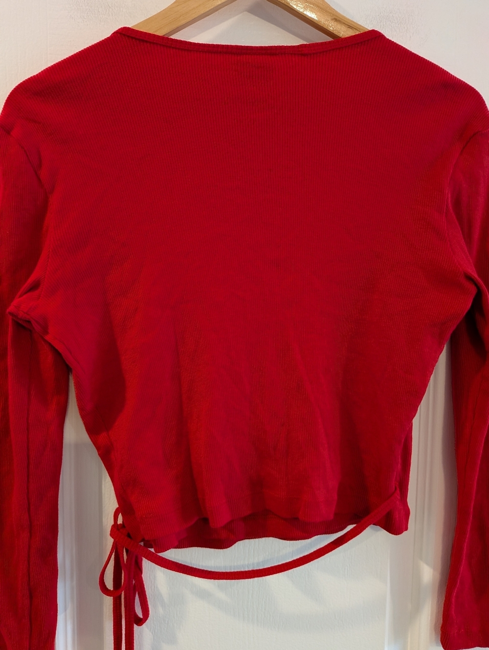 Lisa Says Gah Lucille Wrap Top Red Ribbed Long Sleeve Cropped Cotton Size M - Picture 11 of 15